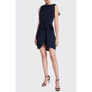 Cinq A Sept Nanon Drapey Bow Dress Mini Faux Wrap Sleeveless Navy Blue Size 10